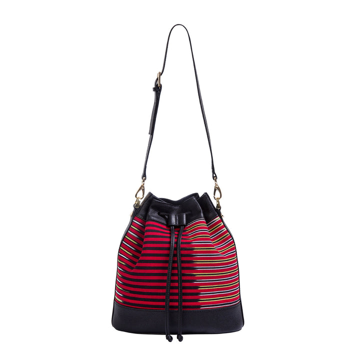 Black Leather & Striped Fabric Pattern Convertible Bag