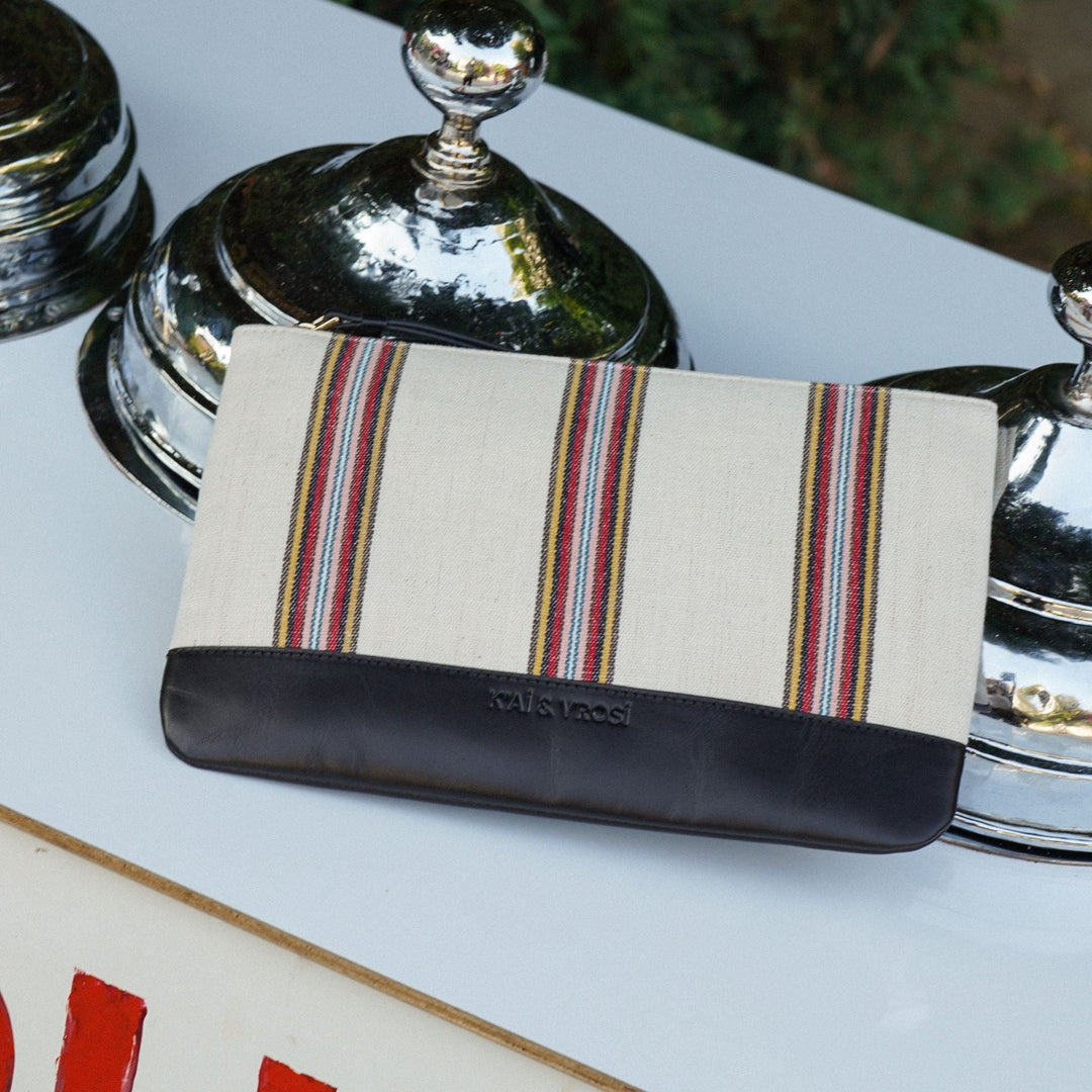 Antiochia - Black Calfskin & Handloomed Fabric Clutch