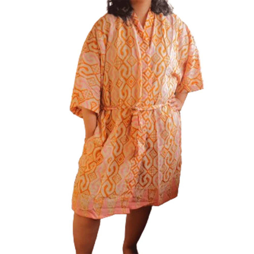 Hand Dyed Batik Robe Kimono, 100% Cotton Soft, Orange Pink Sunset Mosaic