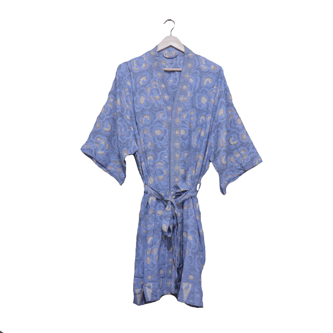 Hand Dyed Batik Robe/ Kimono, Cotton Soft, Blue Roses, Floral, House Duster