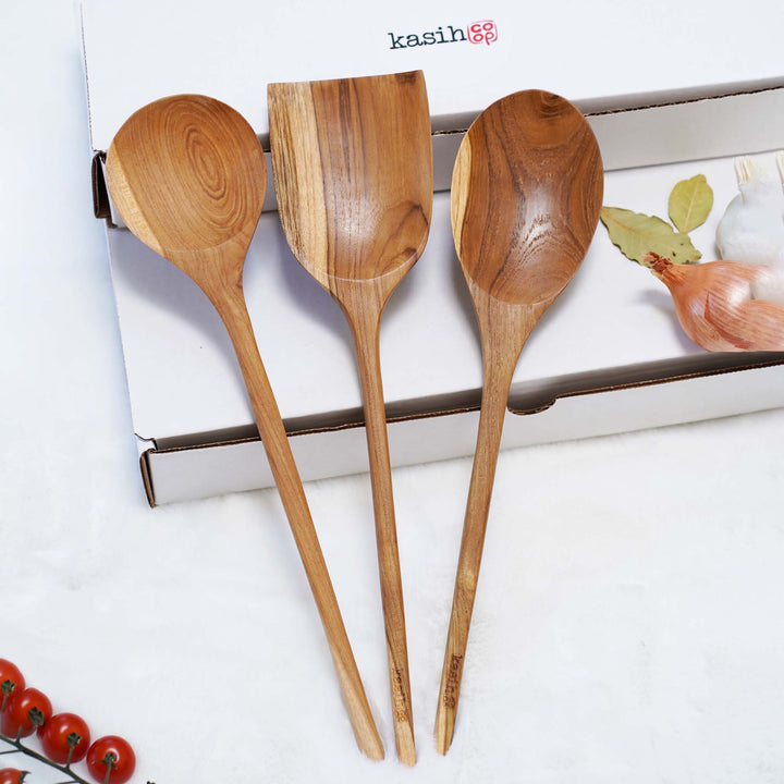 Set of 3 Cooking Kitchen Utensils Teak Wood 14inches ( two spoons and one spatula)