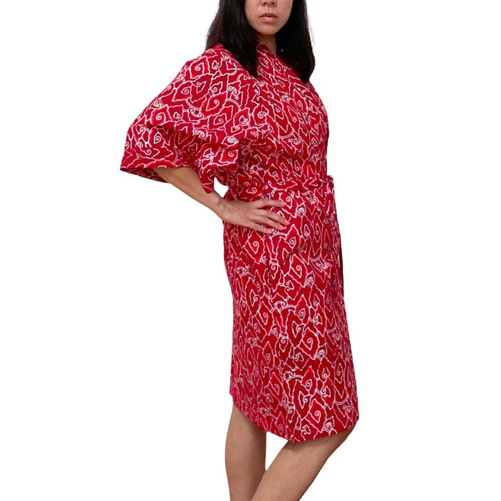 Hand Dyed Batik Robe Kimono, 100% Cotton, Red Storm, Burgundy