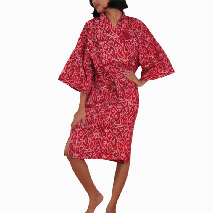 Hand Dyed Batik Robe Kimono, 100% Cotton, Red Storm, Burgundy