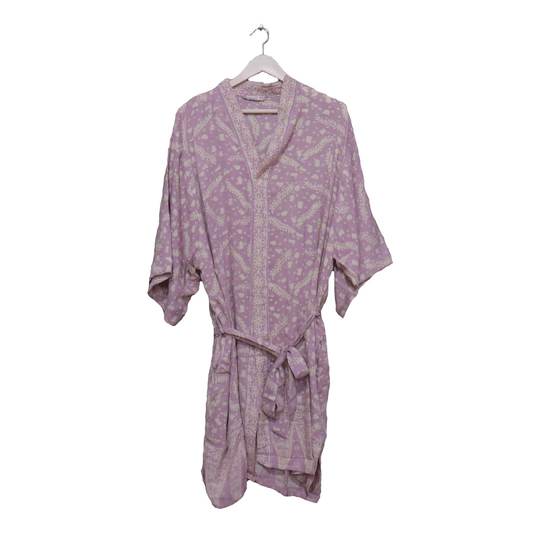 Hand Dyed Batik Robe Kimono, 100% Cotton Soft, Purple Lilac Lavender