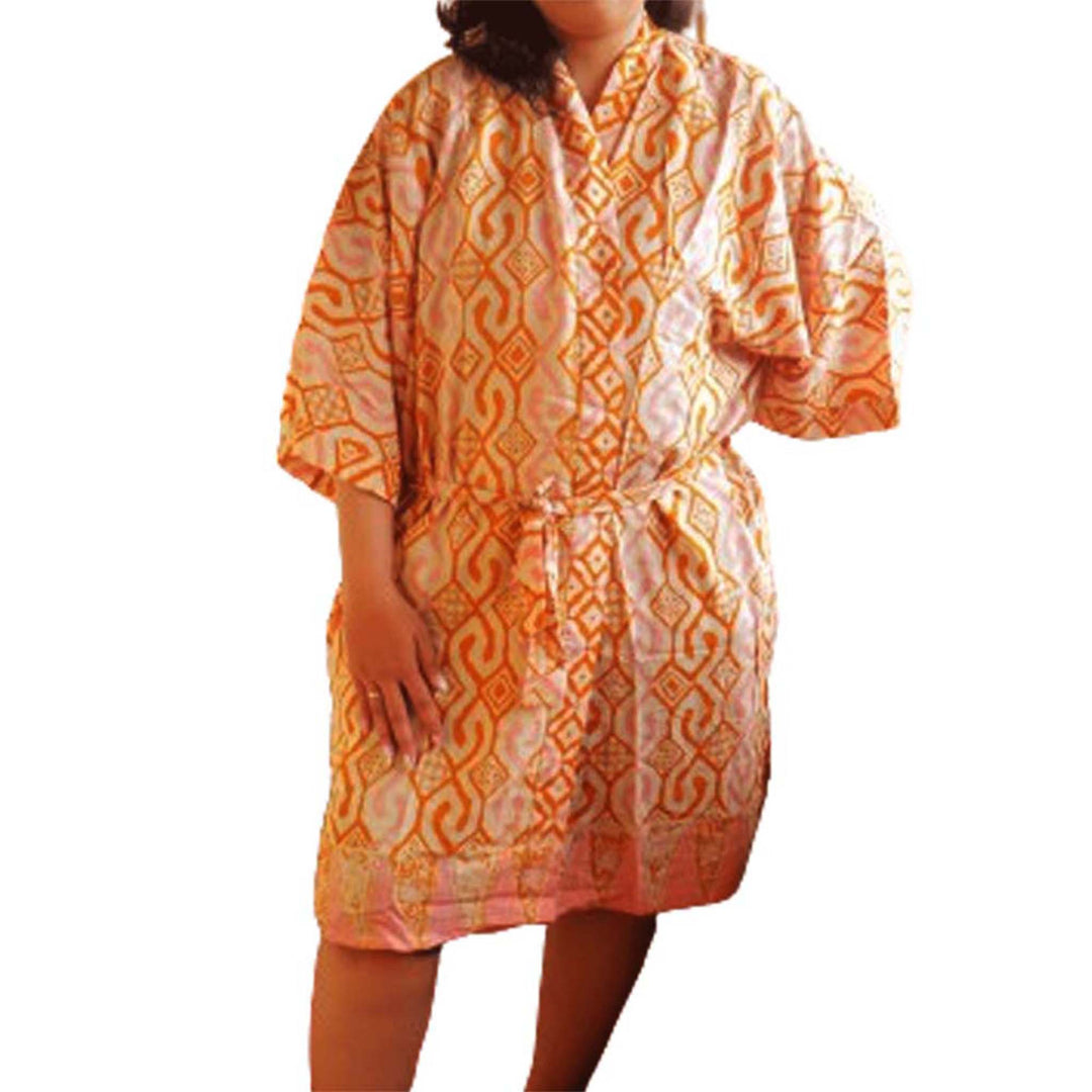 Hand Dyed Batik Robe Kimono, 100% Cotton Soft, Orange Pink Sunset Mosaic