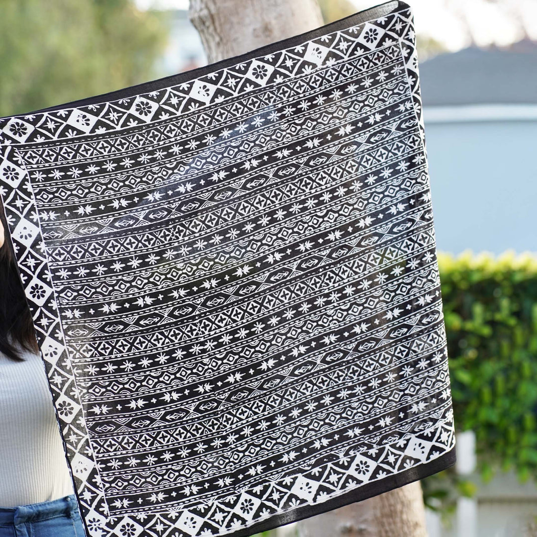 Large 27" Batik Bandana, Hand Dyed, 100% Soft Cotton, Geometric Black & White, XL