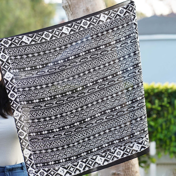 Large 27" Batik Bandana, Hand Dyed, 100% Soft Cotton, Geometric Black & White, XL