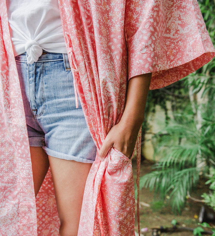 Hand Dyed Batik Robe Kimono, 100% Cotton Pink Wildflower