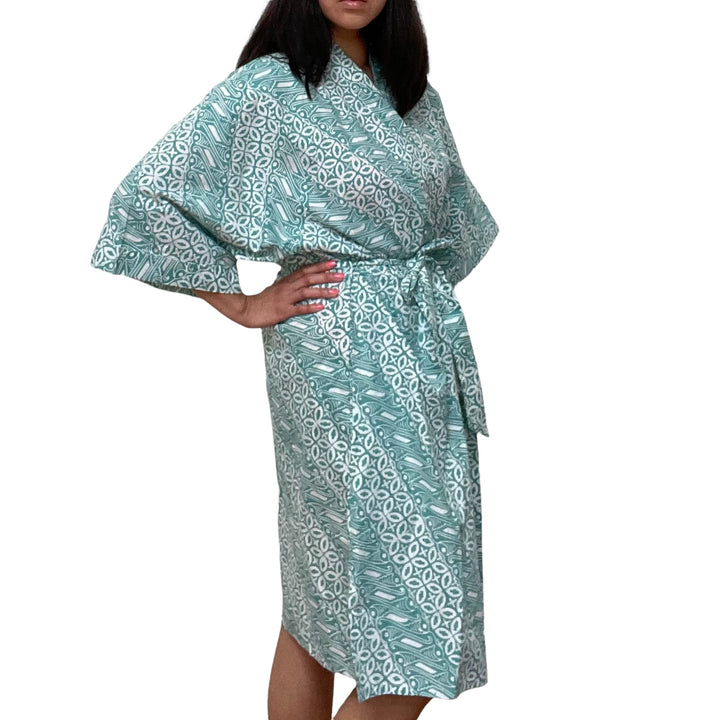 Hand Dyed Batik Robe Kimono, 100% Cotton, Green Royalty