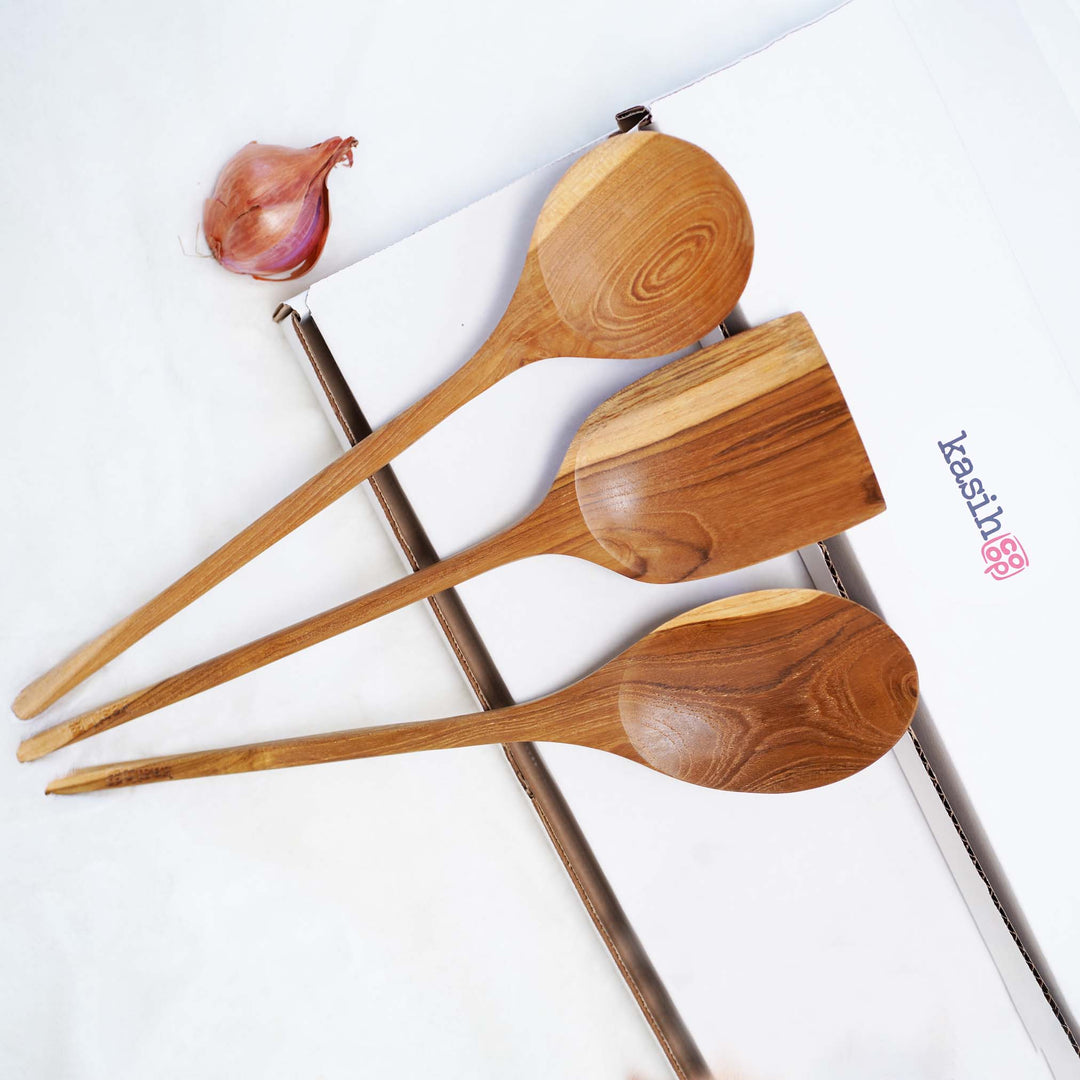 Set of 3 Cooking Kitchen Utensils Teak Wood 14inches ( two spoons and one spatula)