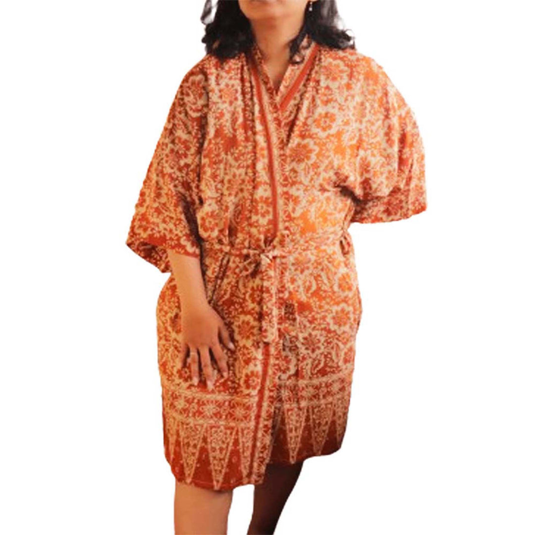 Handmade Batik Robe Kimono, 100% Cotton Soft Lightweight, Orange, Fall, Autumn, Yellow, Sunflowers