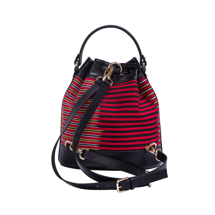 Black Leather & Striped Fabric Pattern Convertible Bag