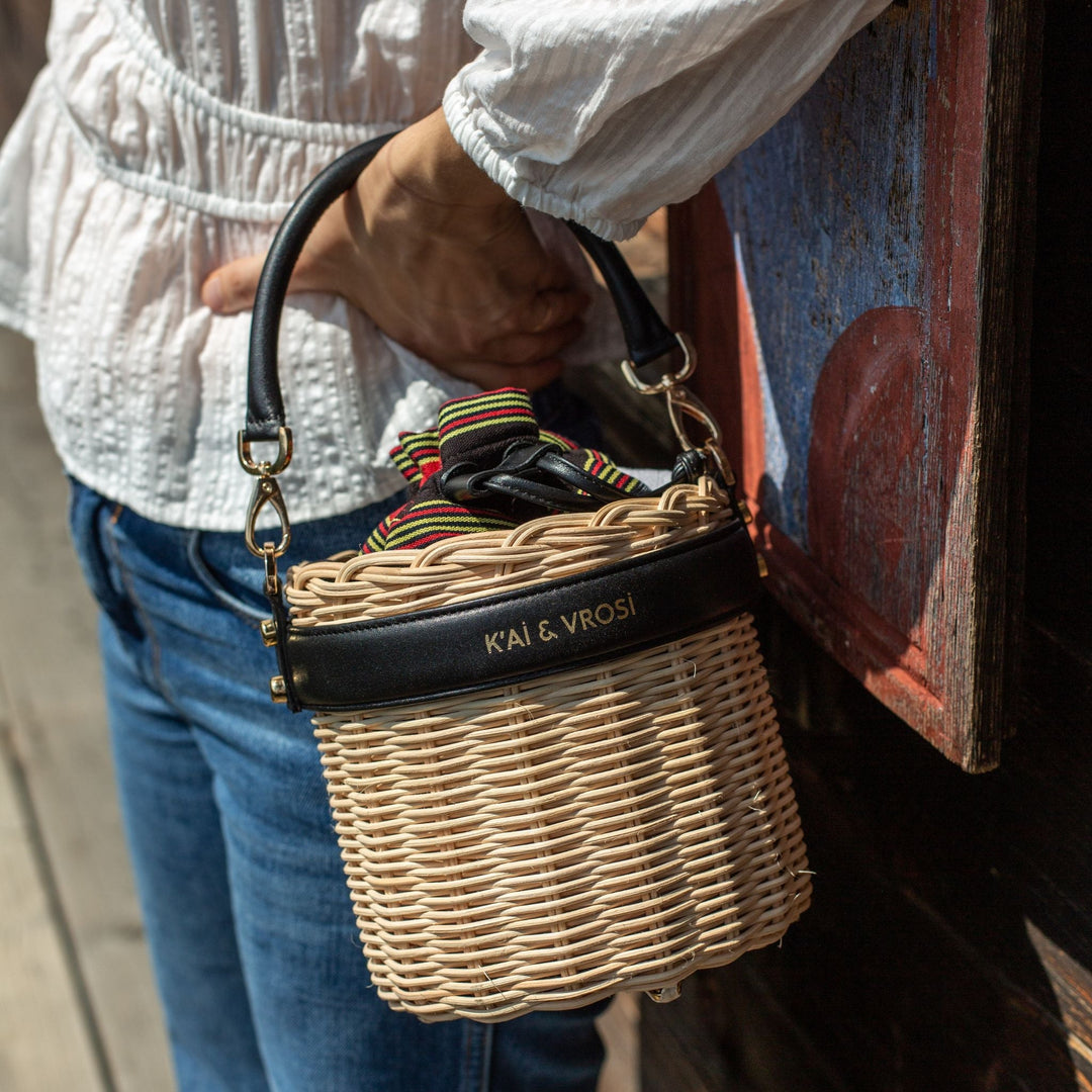 Black Leather & Straw Bucket Bag with Drawstring