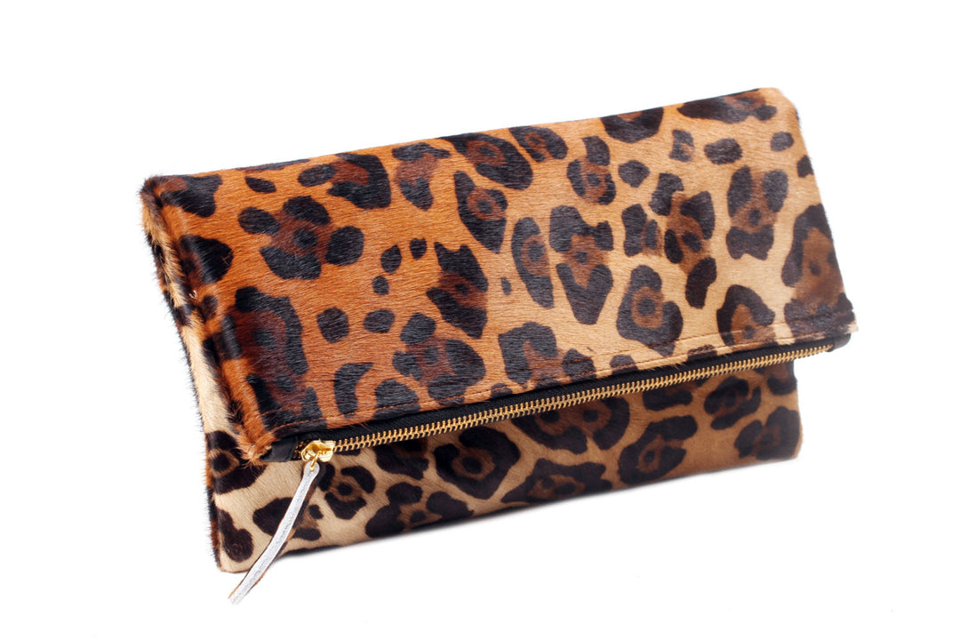 Leopard Leather Fold over Clutch