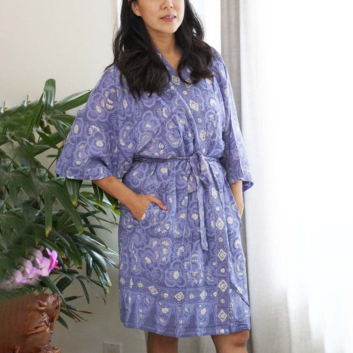 Hand Dyed Batik Robe/ Kimono, Cotton Soft, Blue Roses, Floral, House Duster