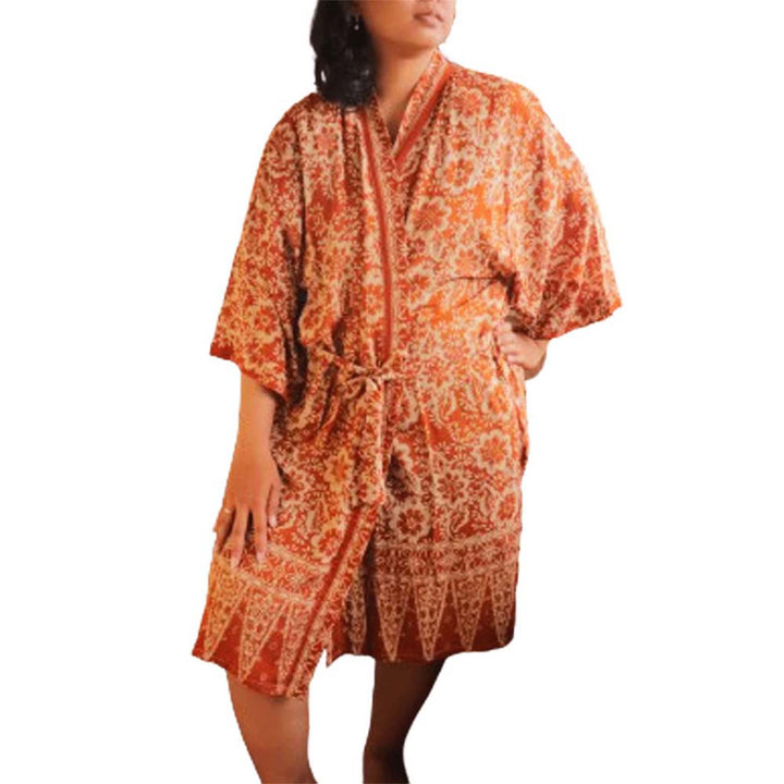 Handmade Batik Robe Kimono, 100% Cotton Soft Lightweight, Orange, Fall, Autumn, Yellow, Sunflowers