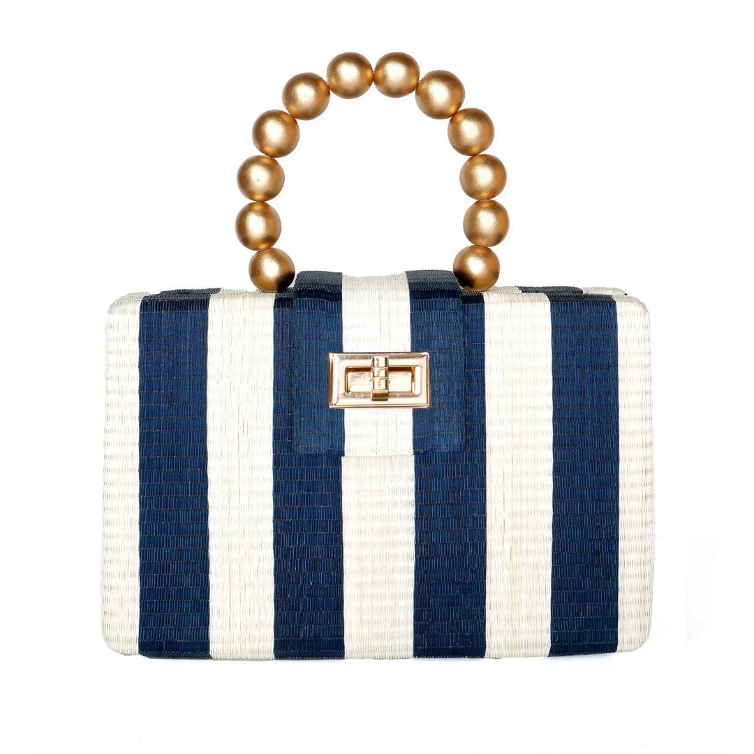 THE LOUISA Blue & Cream Stripe Woven Straw Clutch Bag