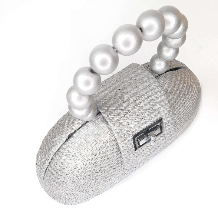 THE ORLA Silver Woven Straw & Wooden Bead Statement Clutch Bag