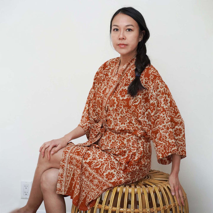 Handmade Batik Robe Kimono, 100% Cotton Soft Lightweight, Orange, Fall, Autumn, Yellow, Sunflowers