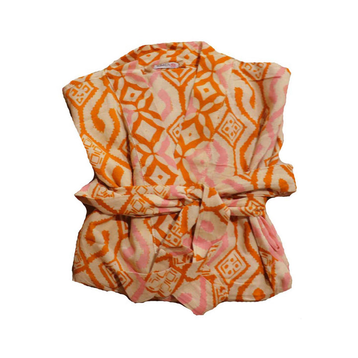 Hand Dyed Batik Robe Kimono, 100% Cotton Soft, Orange Pink Sunset Mosaic