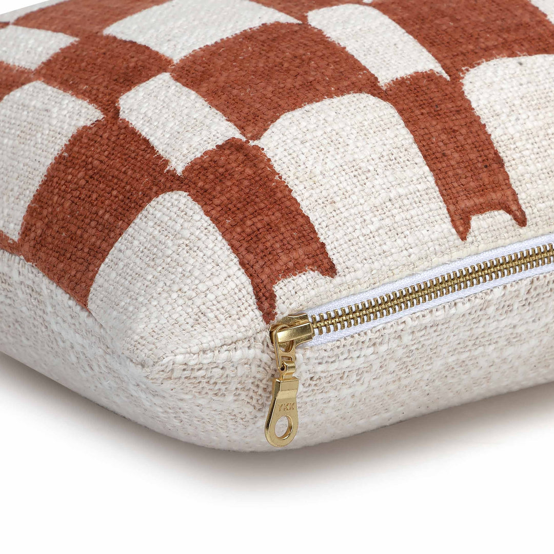 Checkered Block Printed Pillow - Rust