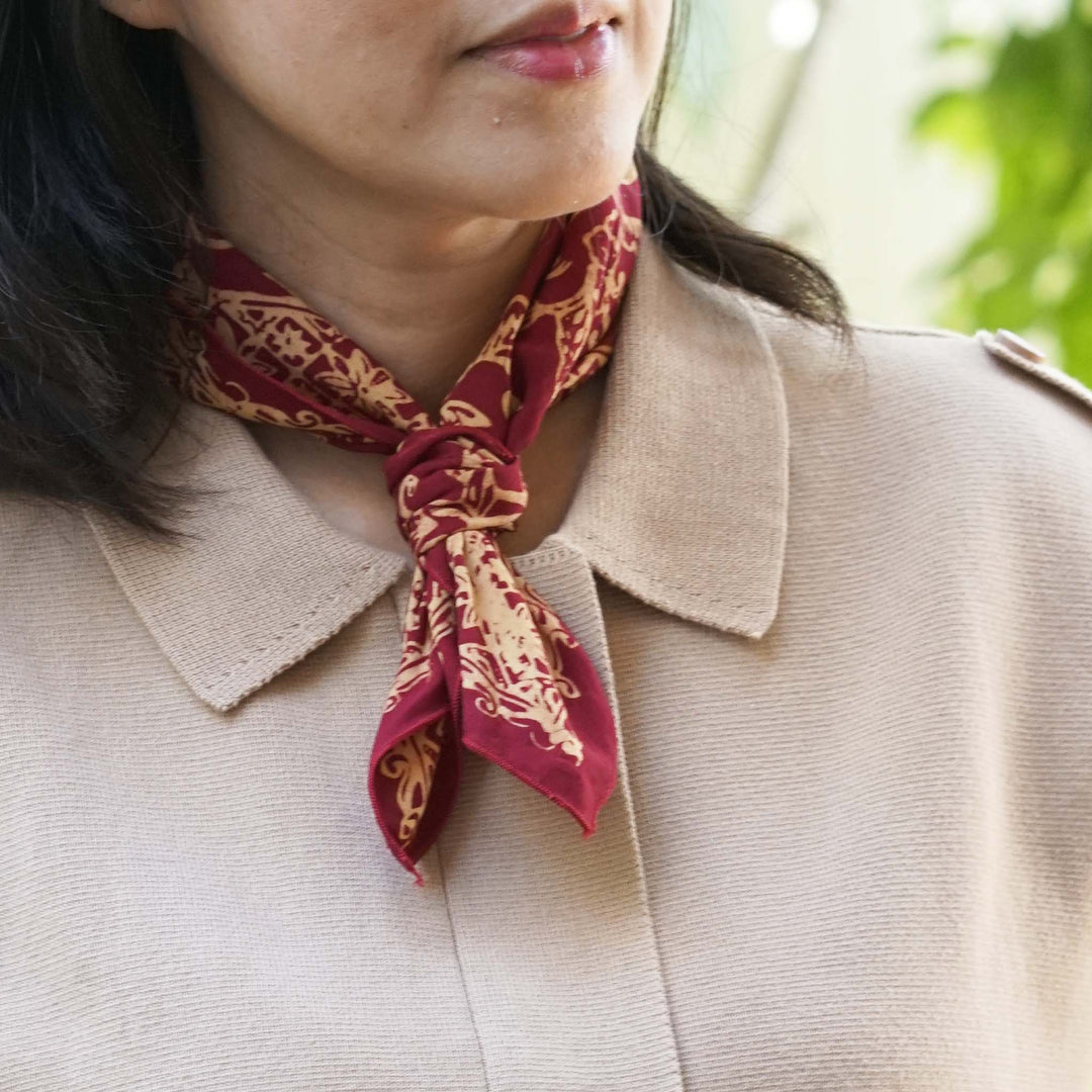 Small 18", Hand Dyed Batik Bandana, 100% Soft Cotton, Burgundy Golden Cherish, Red Yellow, Hair Scarf Wrap