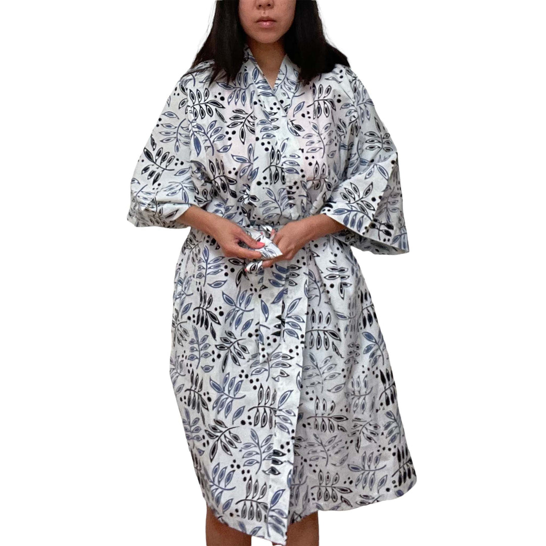 Hand Dyed Batik Robe Kimono, 100% Cotton, White Blue, Floral, Leaf Tamarind