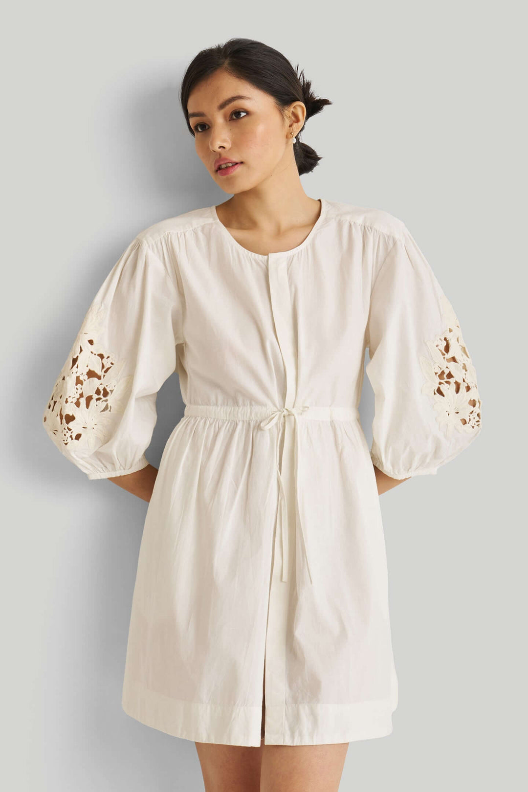 Shirt Dress with Balloon Sleeves in White