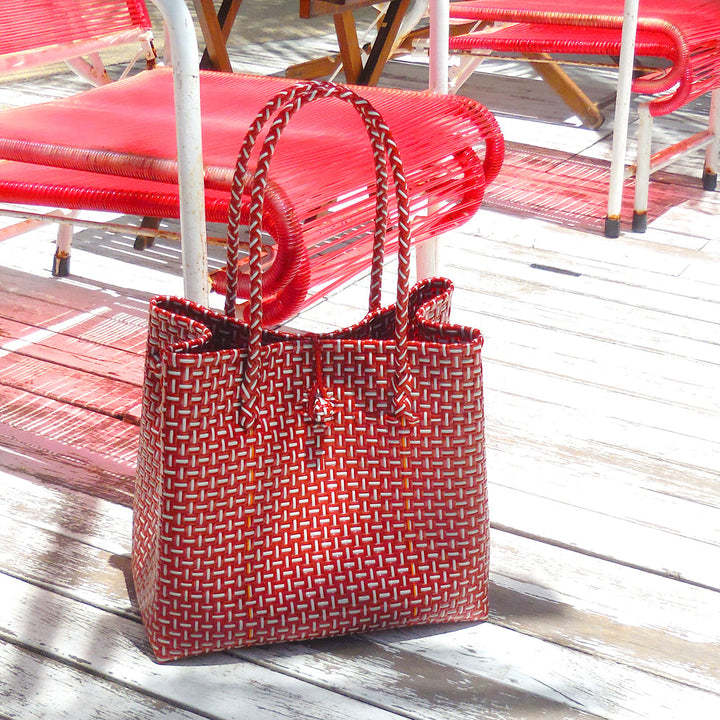 TOKO Recycled Woven Tote Bag, in Red & White