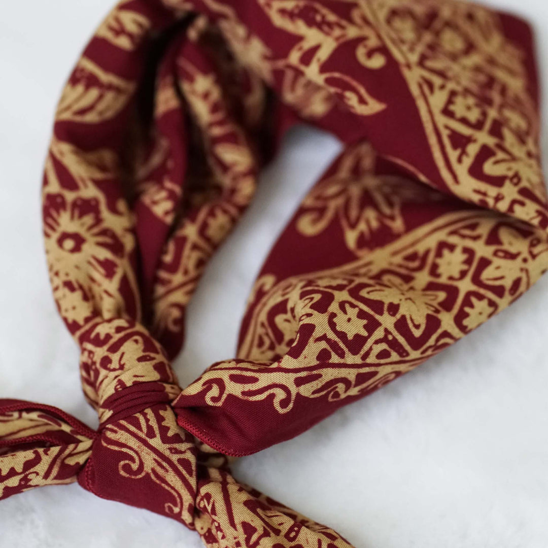 Small 18", Hand Dyed Batik Bandana, 100% Soft Cotton, Burgundy Golden Cherish, Red Yellow, Hair Scarf Wrap