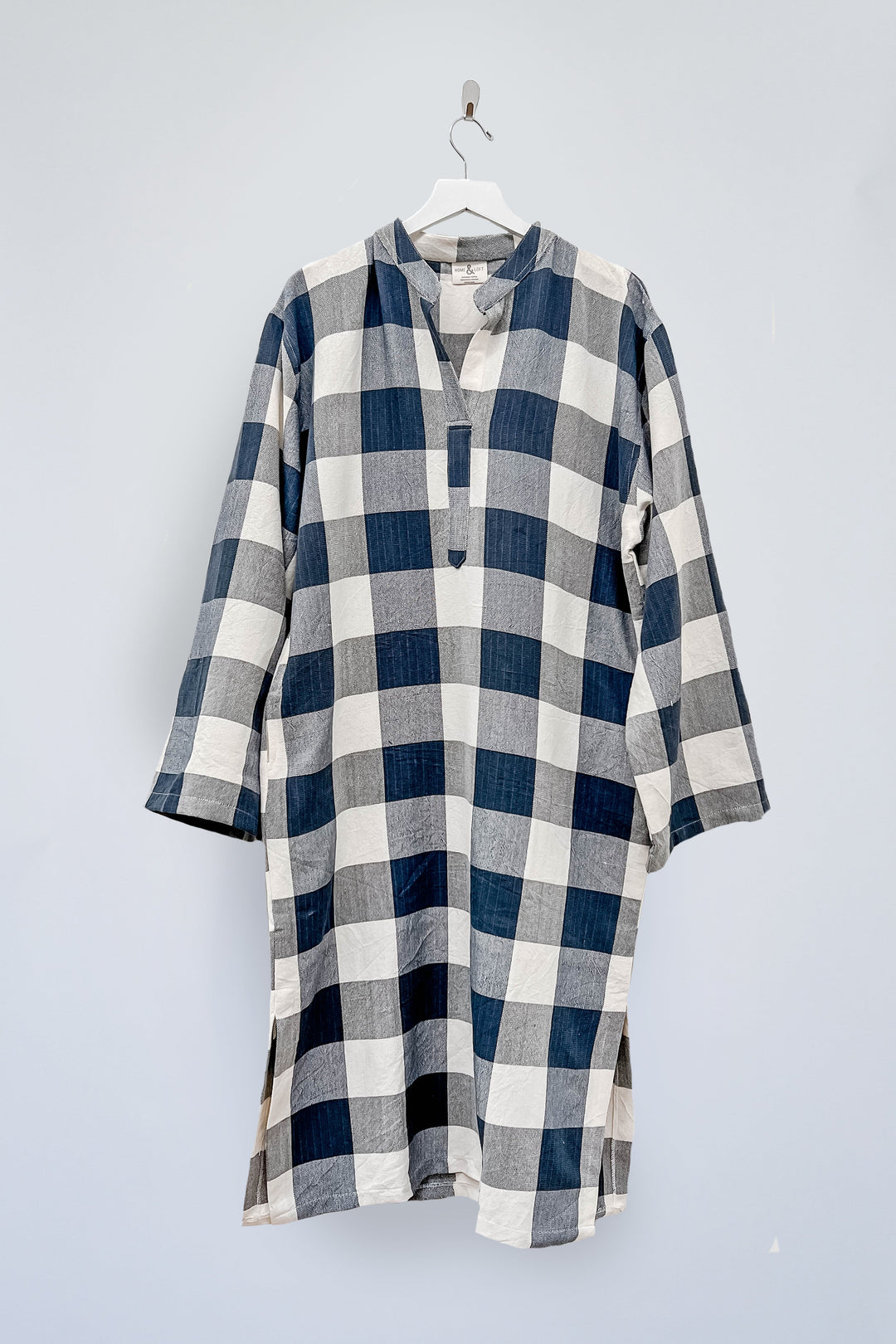 Ivory Navy Gingham Long Sleeve Maxi Kaftan