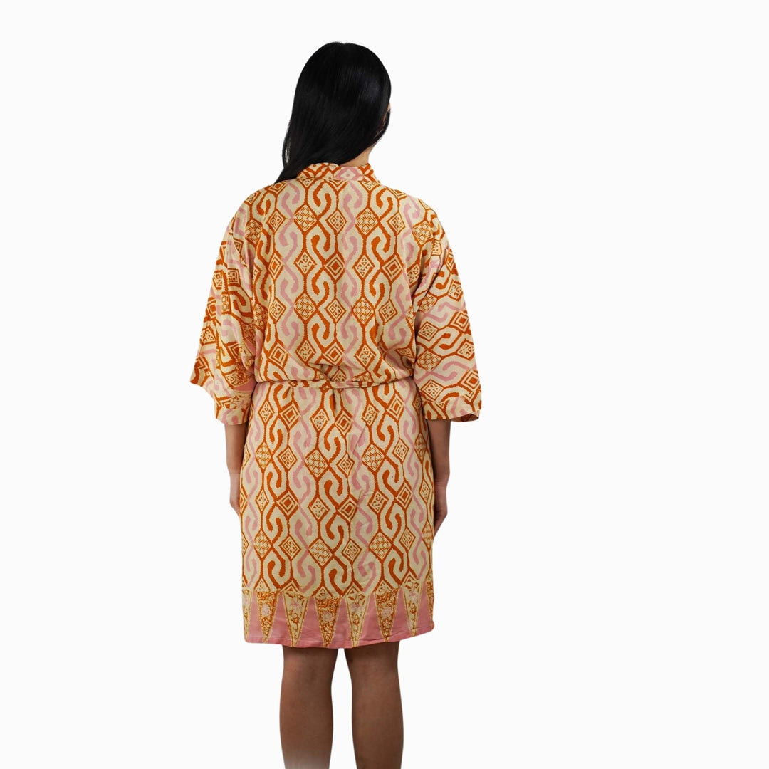 Hand Dyed Batik Robe Kimono, 100% Cotton Soft, Orange Pink Sunset Mosaic