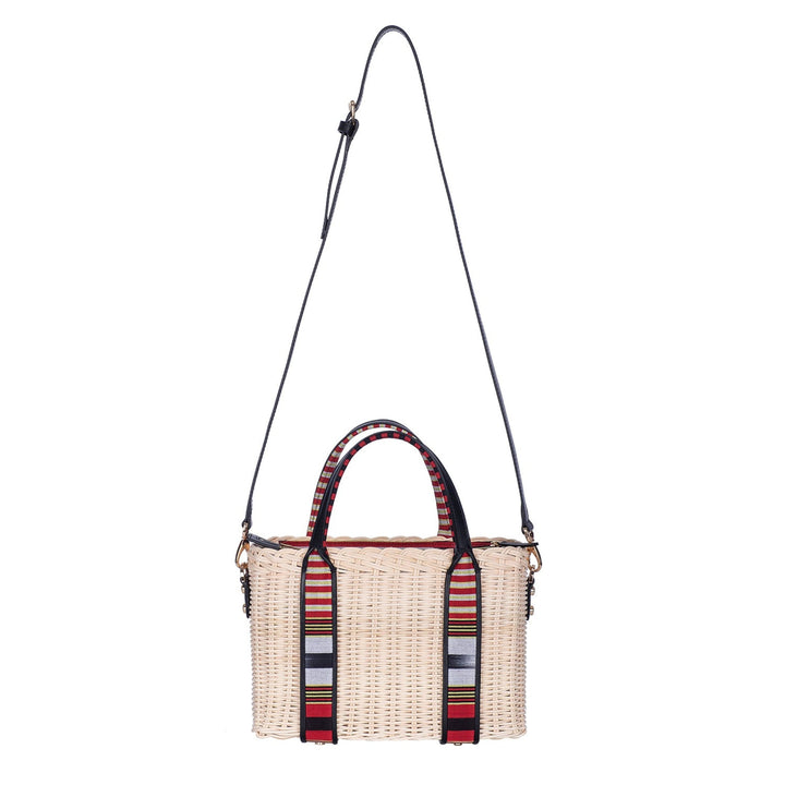 Woven Straw Handbag with Black Leather Trimmed Handles