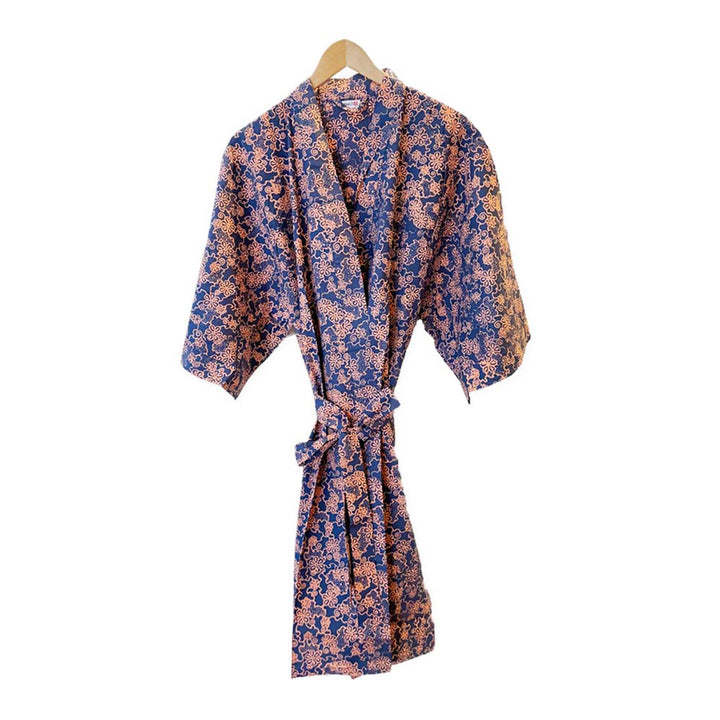 Handmade Batik Robe Kimono, Pink Blue Mangosteen, Lightweight Cotton Ladies