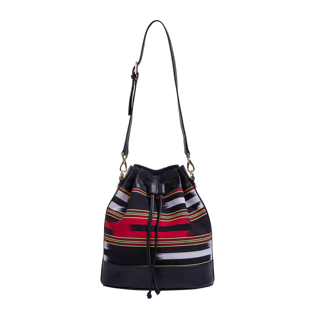 Black Leather & Fabric Pattern Convertible Bag