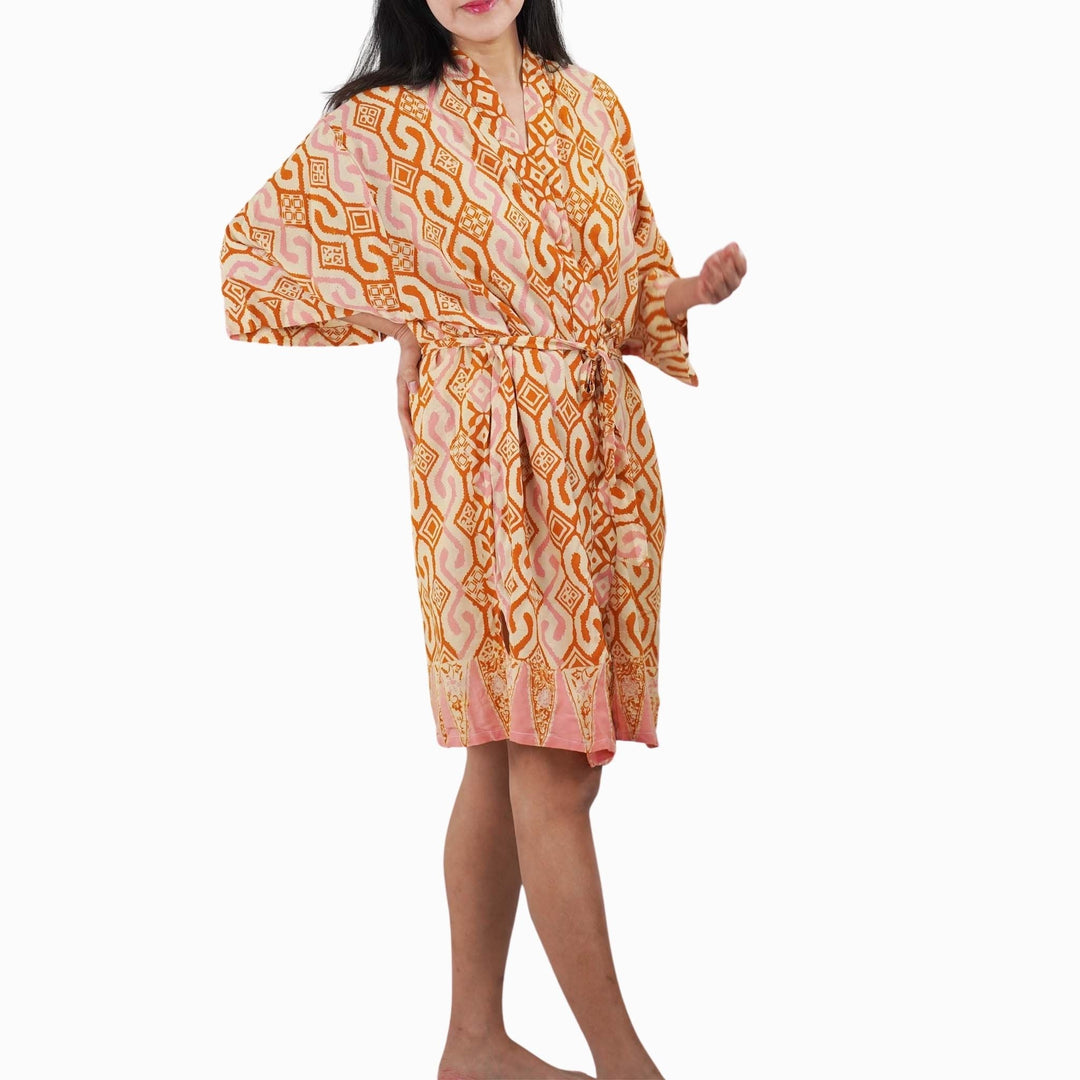 Hand Dyed Batik Robe Kimono, 100% Cotton Soft, Orange Pink Sunset Mosaic