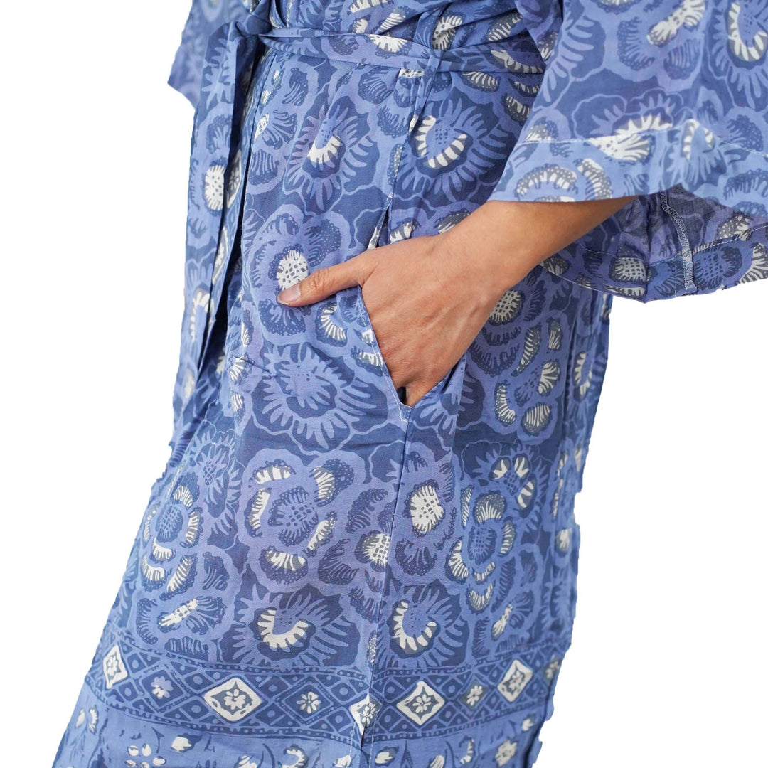 Hand Dyed Batik Robe/ Kimono, Cotton Soft, Blue Roses, Floral, House Duster