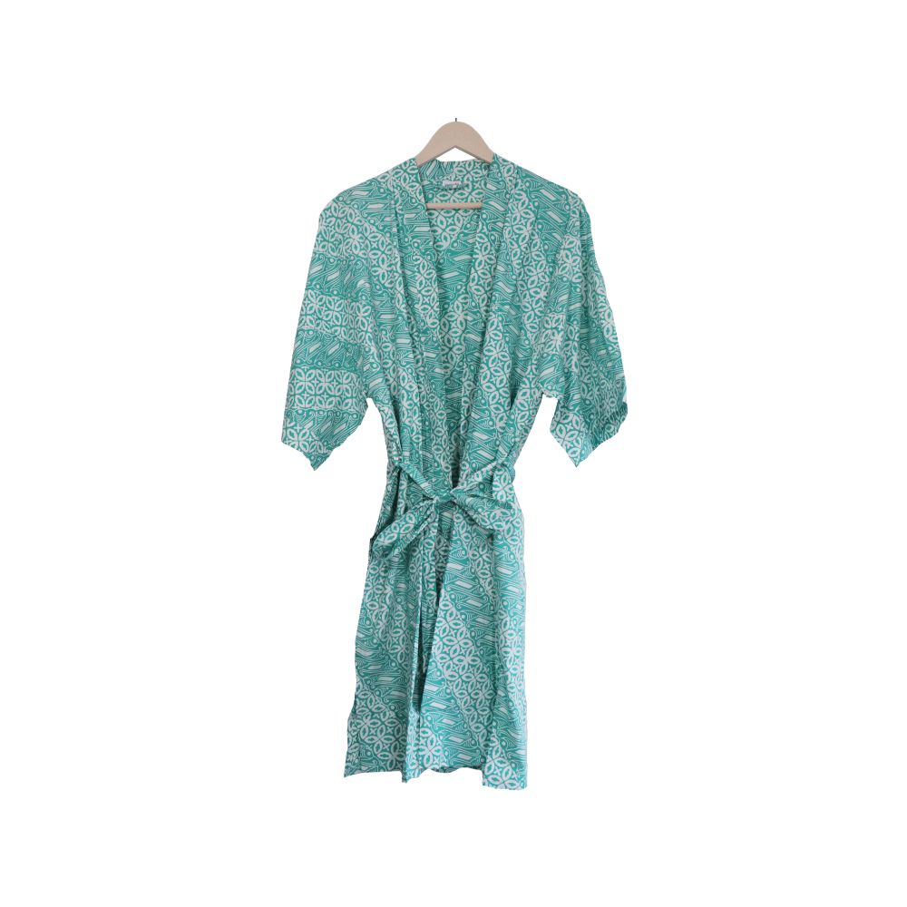 Hand Dyed Batik Robe Kimono, 100% Cotton, Green Royalty