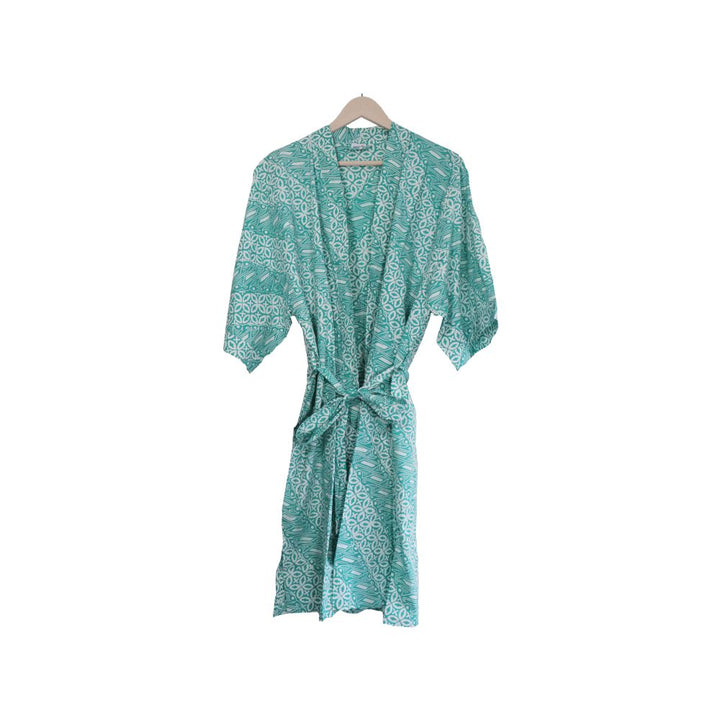 Hand Dyed Batik Robe Kimono, 100% Cotton, Green Royalty