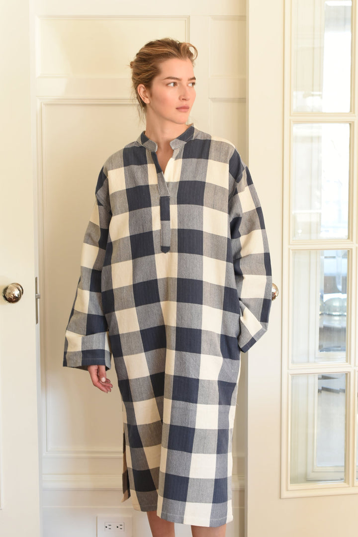 Ivory Navy Gingham Long Sleeve Maxi Kaftan