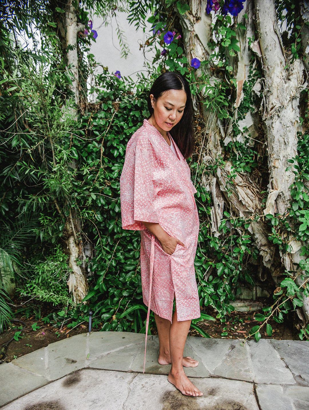 Hand Dyed Batik Robe Kimono, 100% Cotton Pink Wildflower