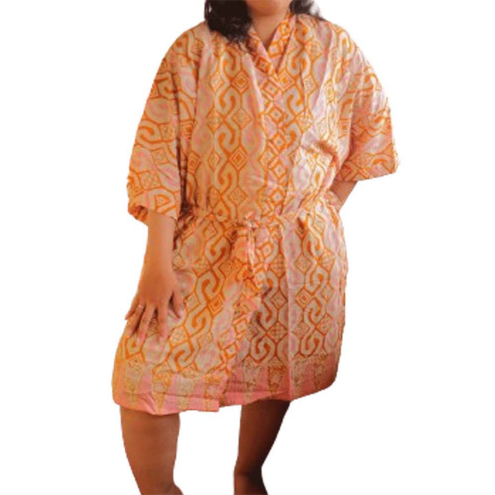 Hand Dyed Batik Robe Kimono, 100% Cotton Soft, Orange Pink Sunset Mosaic