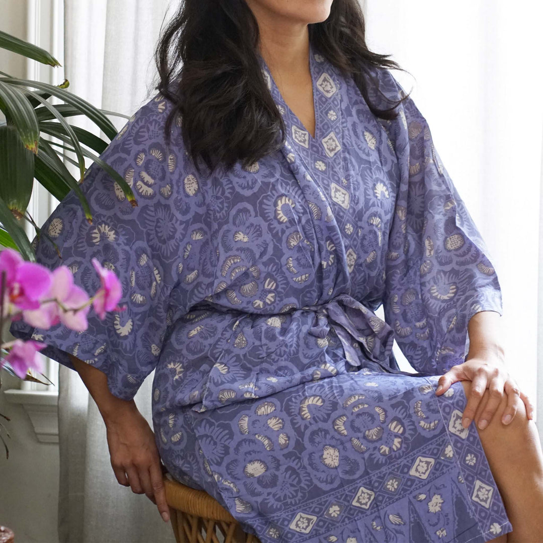 Hand Dyed Batik Robe/ Kimono, Cotton Soft, Blue Roses, Floral, House Duster