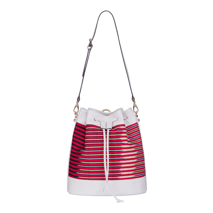 Cream Leather & Striped Fabric Pattern Convertible Bag