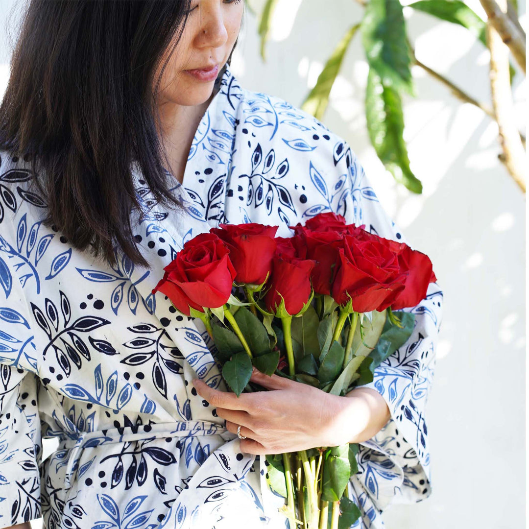 Hand Dyed Batik Robe Kimono, 100% Cotton, White Blue, Floral, Leaf Tamarind