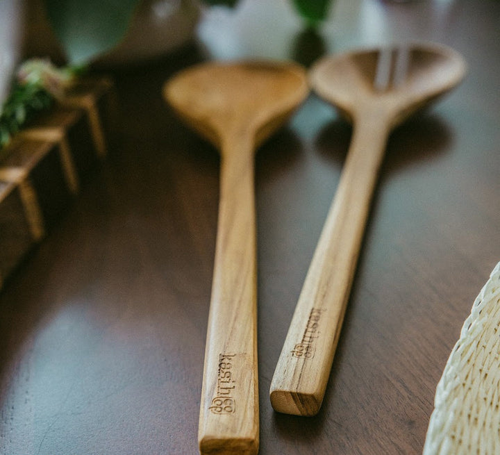 Teak Wood Salad Spoon and Fork Set, Handcarved from Indonesia