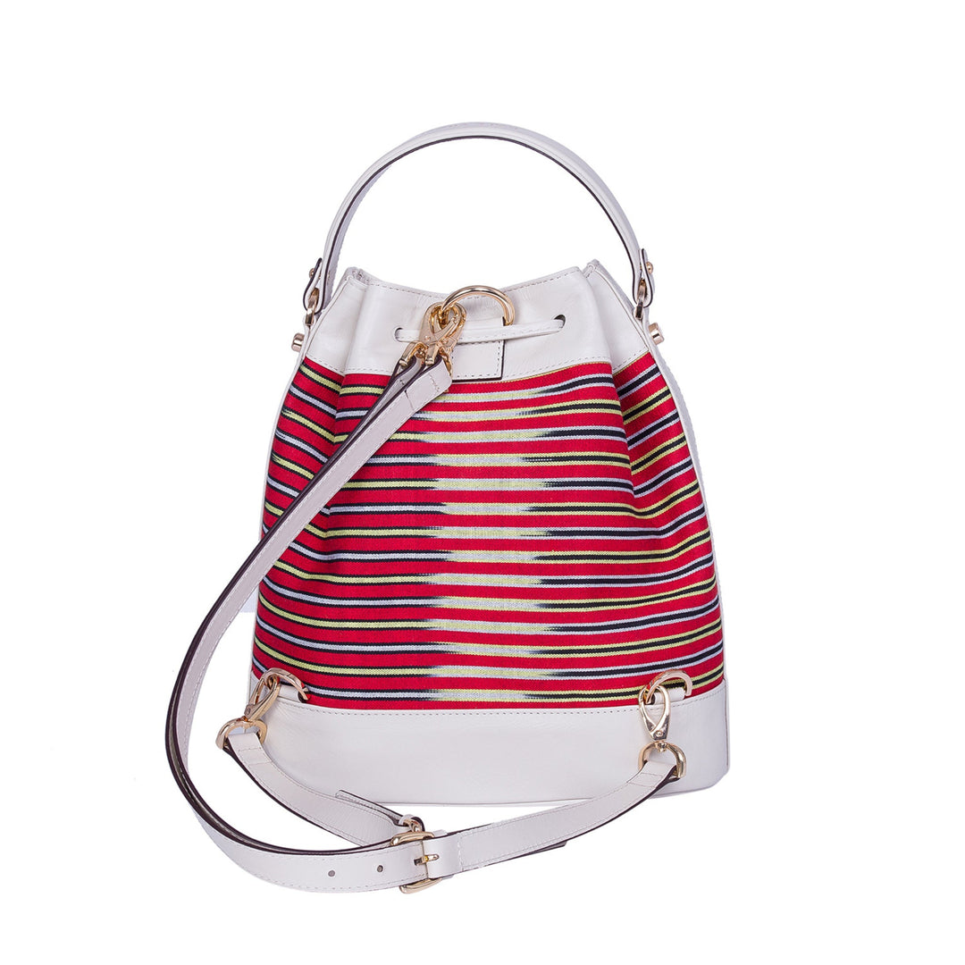 Cream Leather & Striped Fabric Pattern Convertible Bag