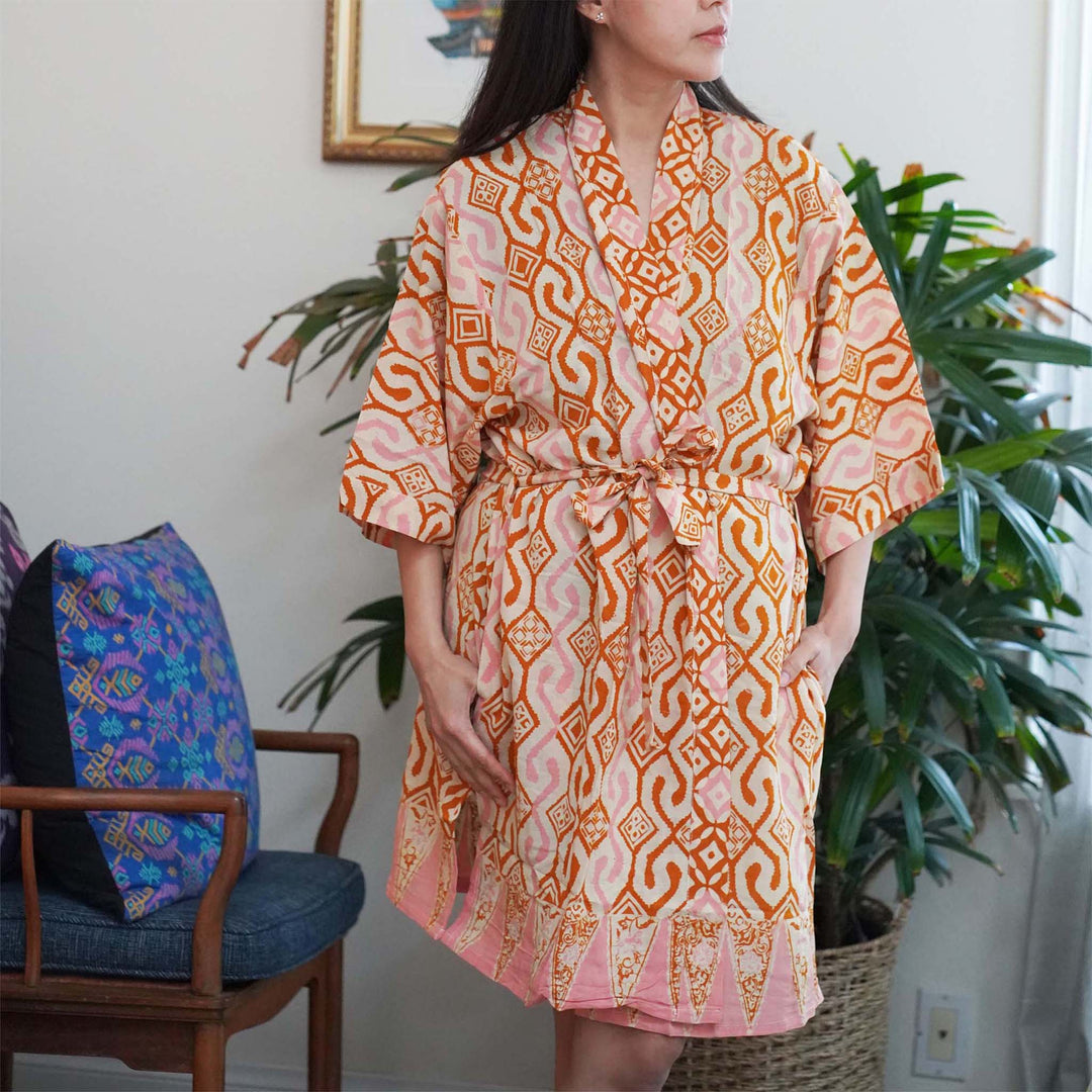 Hand Dyed Batik Robe Kimono, 100% Cotton Soft, Orange Pink Sunset Mosaic