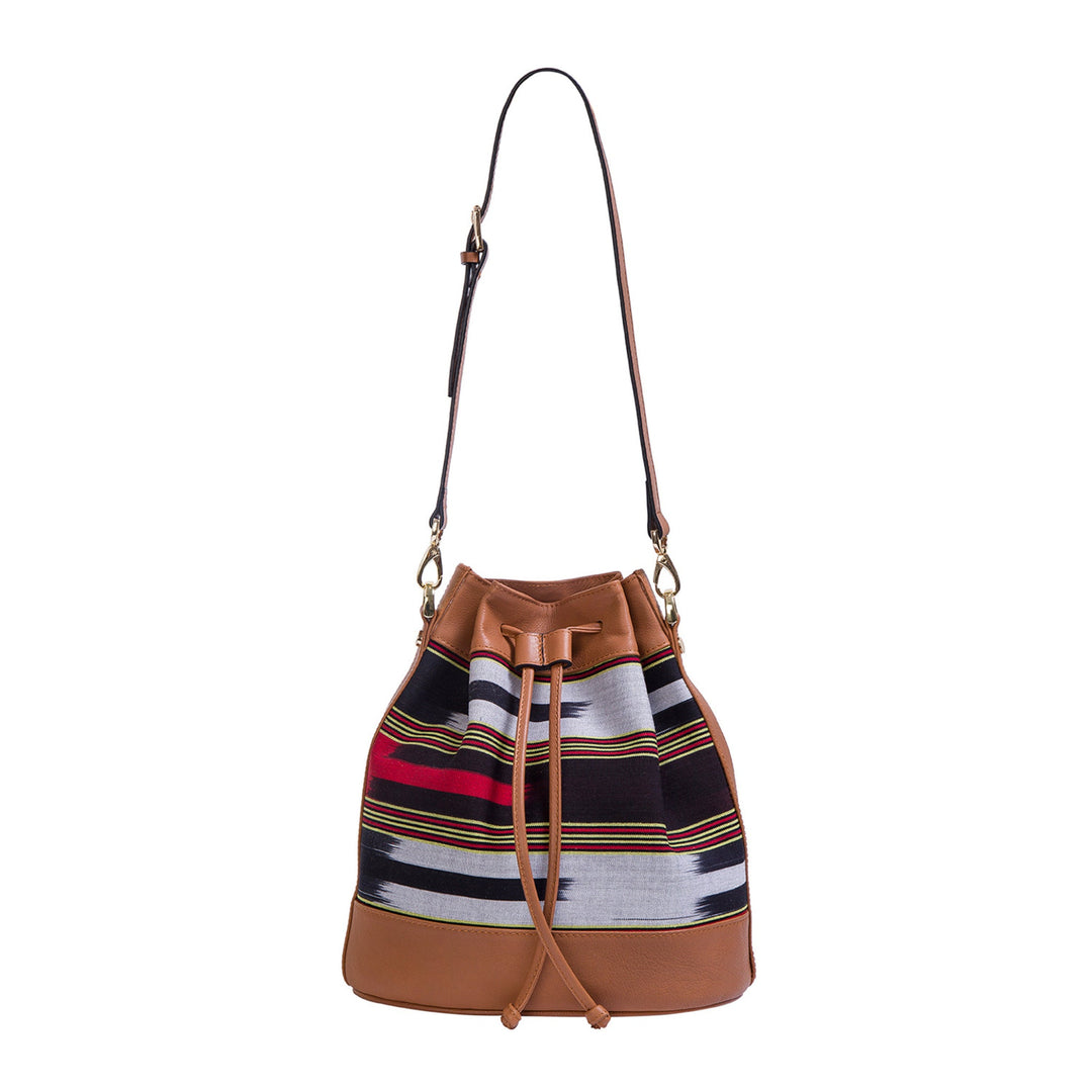 Brown Leather & Fabric Pattern Convertible Bag