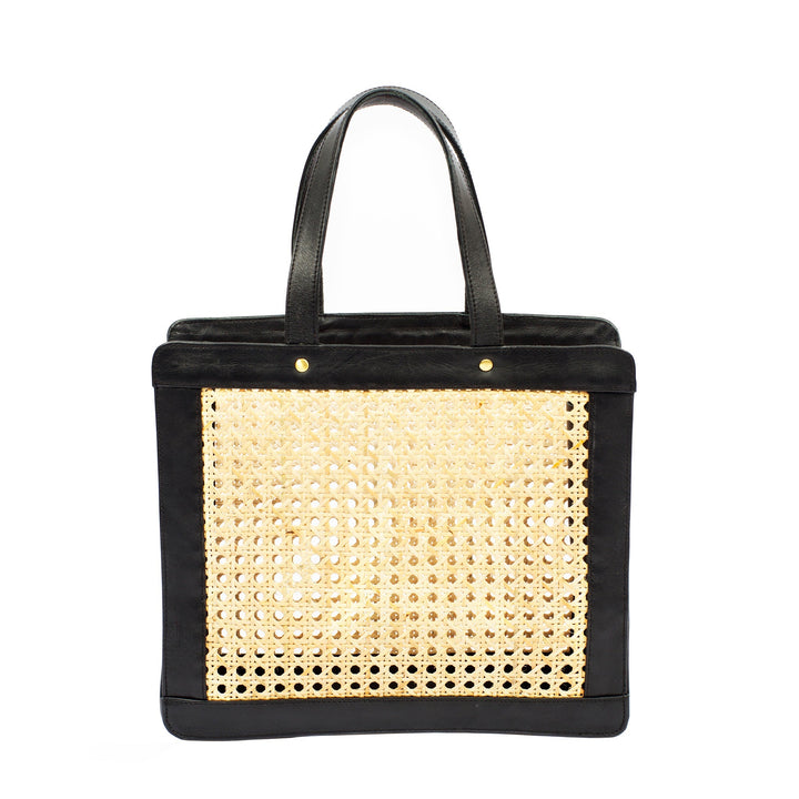 Classic Rattan and Black Leather Tote Shoulder Bag